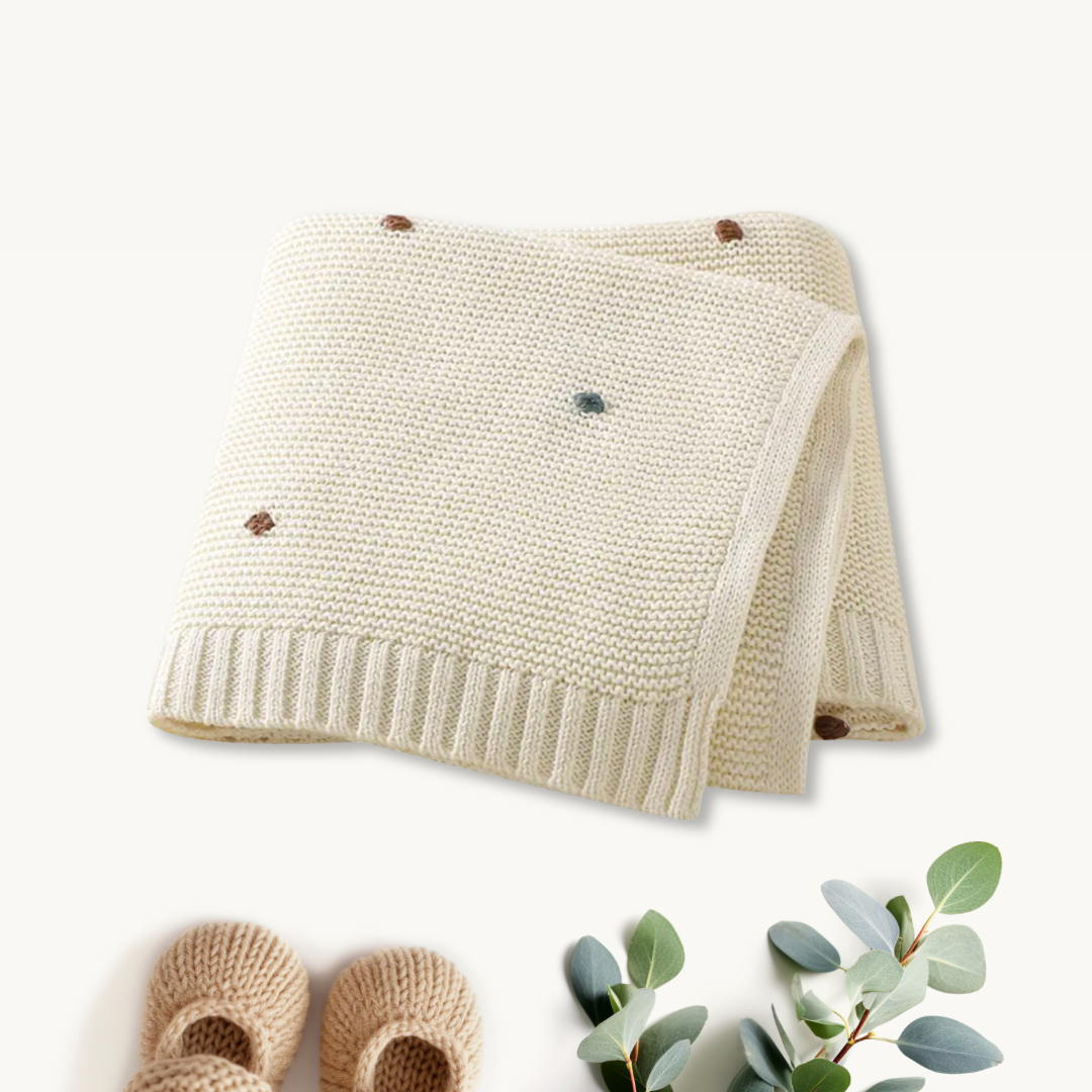 Neutral Knitted Baby Blanket with Coloured Bobble Detail