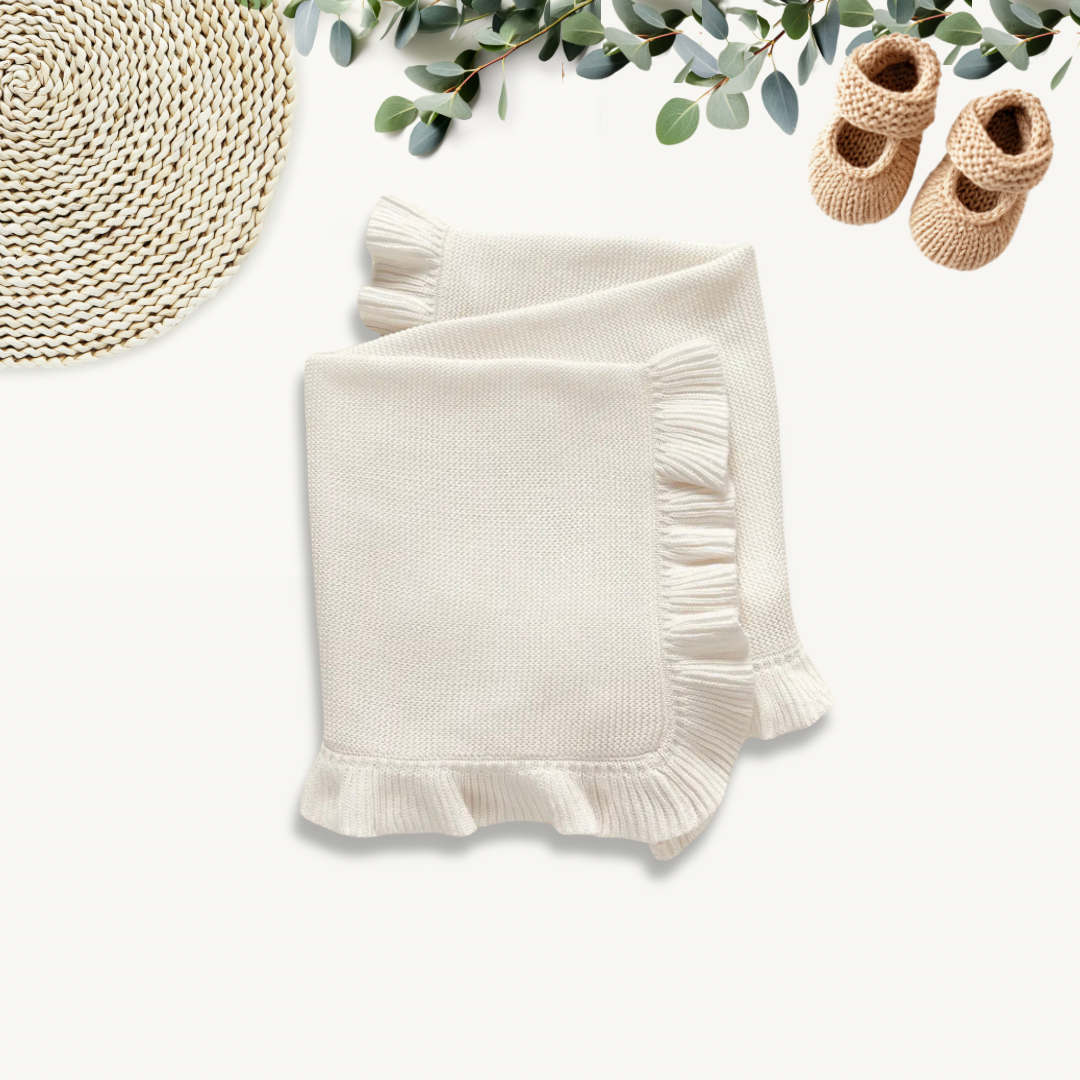 White Cotton Knitted Baby Blanket with Delicate Frill Edge