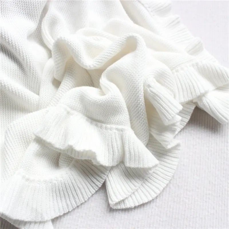 White Cotton Knitted Baby Blanket with Delicate Frill Edge