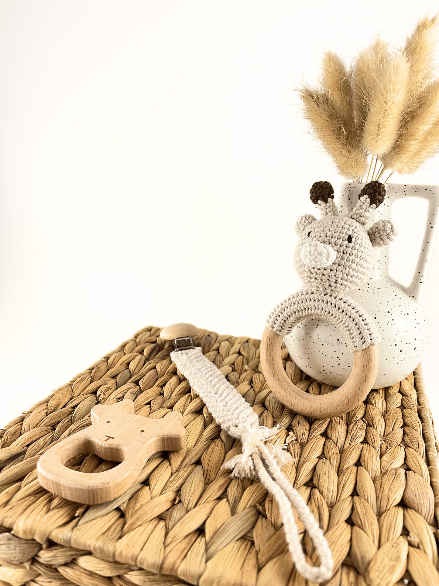 Deer crochet gift set, crochet rattle, crochet dummy clip, wooden deer teething toy
