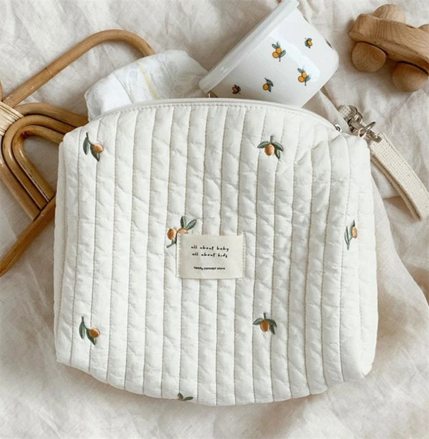Quilted Cream Embroidered Nappy Bag for Nappies, Wipes, Creams