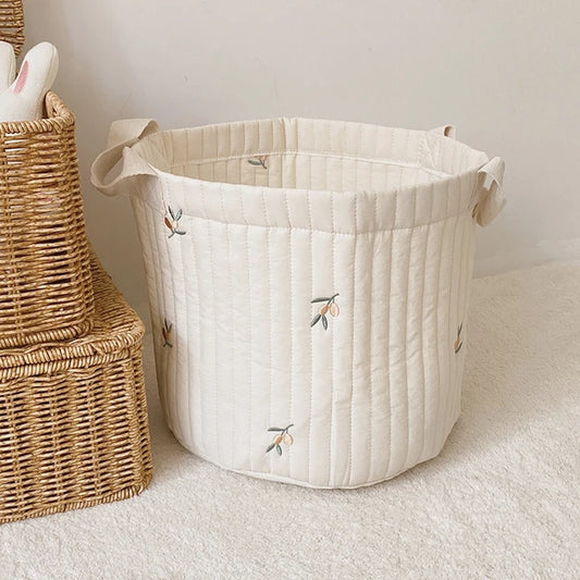 Nursery Storage Basket - Quilted Cream with Embroidery